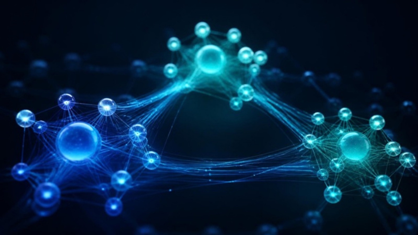 AI-generated 3D illustration: clusters of glowing glass nodes connected by luminous threads