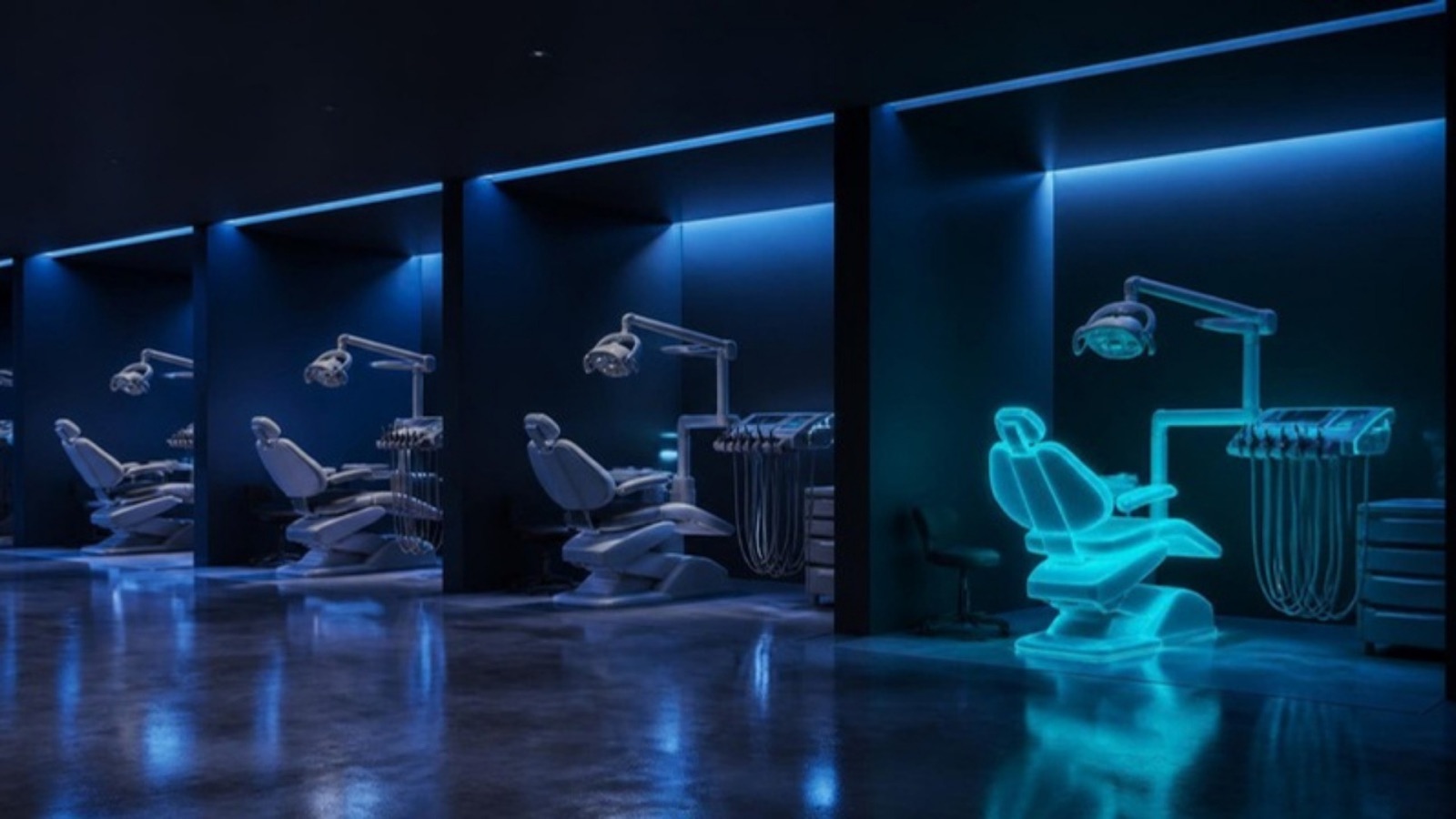 AI-generated 3D illustration: a row of modern dental chairs with one glowing softly in teal