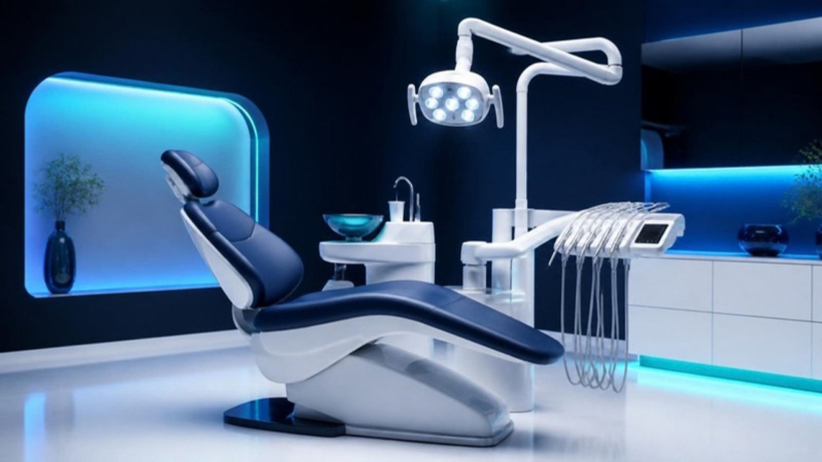AI-generated 3D illustration: a sleek modern dental operatory in deep navy with blue and teal accent lighting