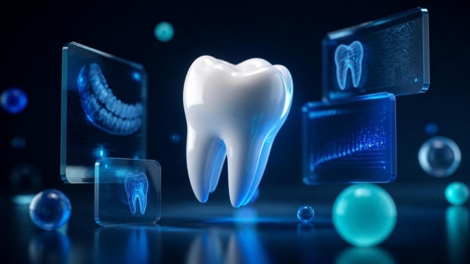 AI-generated 3D illustration: a glossy tooth surrounded by floating translucent panels in deep navy, blue and teal