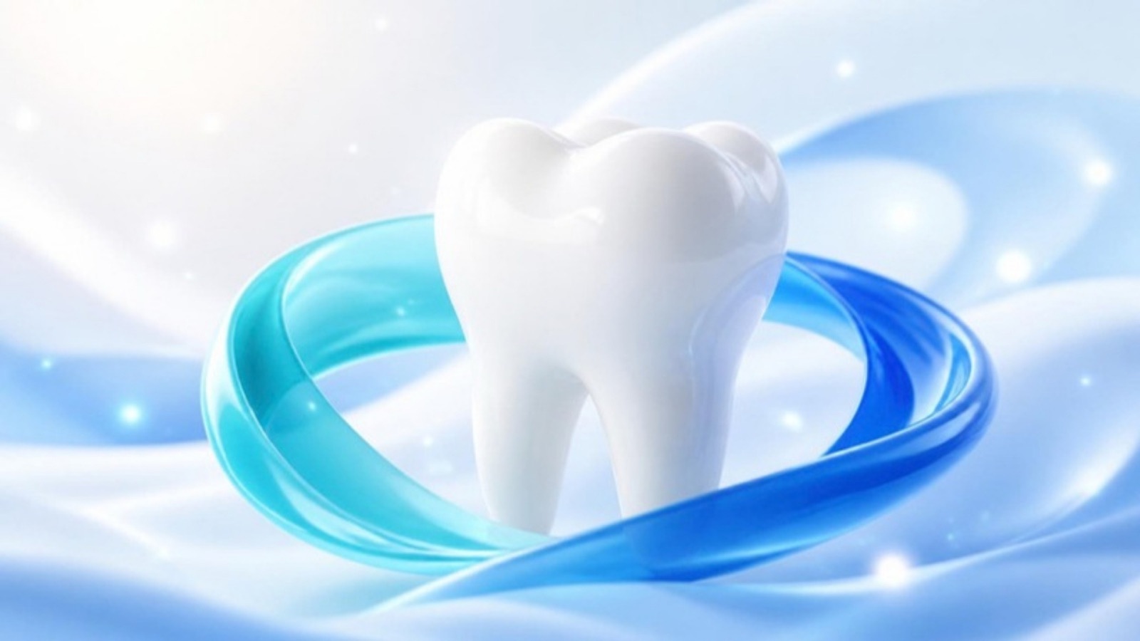 AI-generated 3D illustration: a glossy tooth wrapped in a gentle teal and blue ribbon of light on a calm pale background